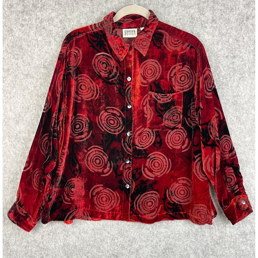 Chicos Velvet Top Womens 2 Large Red Burnout Silk Rayon Sheer Artsy Whimsigoth